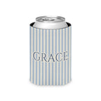 Custom Name Pinstripe Can Cooler, Regular, Chambray pinstripes with the name in Deep Chambray