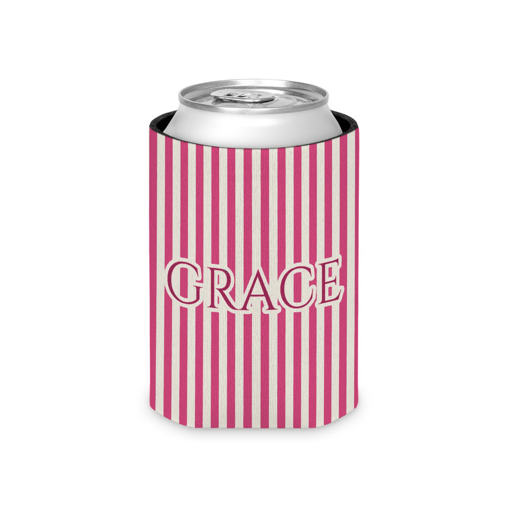 Custom Name Pinstripe Can Cooler, Regular, Crunchberry pinstripes with the name in Deep Berry Pink