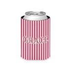 Custom Name Pinstripe Can Cooler, Regular, Crunchberry pinstripes with the name in Deep Berry Pink