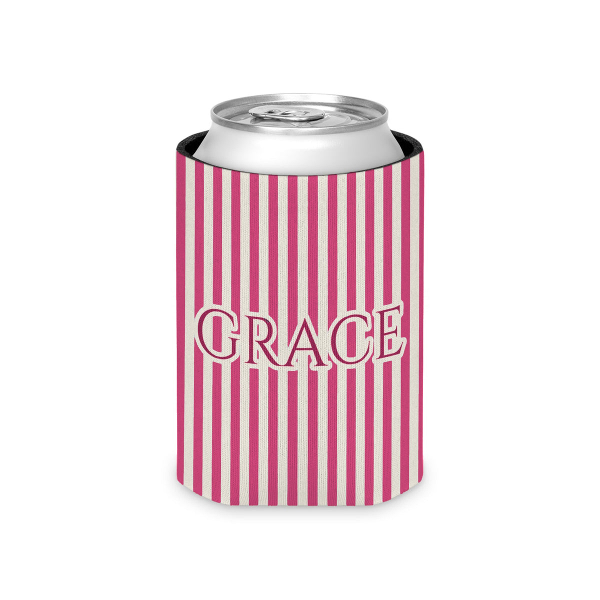 Custom Name Pinstripe Can Cooler, Regular, Crunchberry pinstripes with the name in Deep Berry Pink