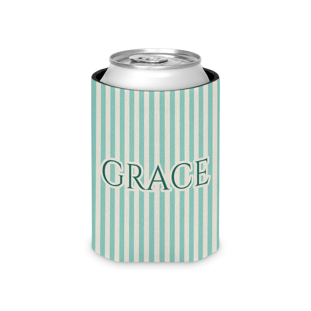 Custom Name Pinstripe Can Cooler, Regular, Island Reef pinstripes with the name in Deep Teal