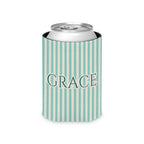 Custom Name Pinstripe Can Cooler, Regular, Island Reef pinstripes with the name in Deep Teal