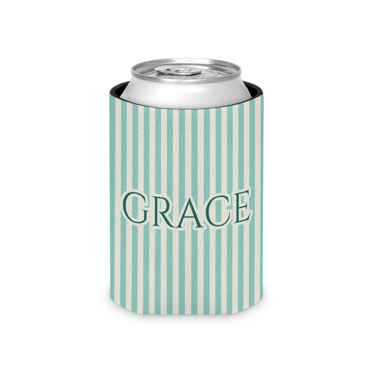 Custom Name Pinstripe Can Cooler, Regular, Island Reef pinstripes with the name in Deep Teal