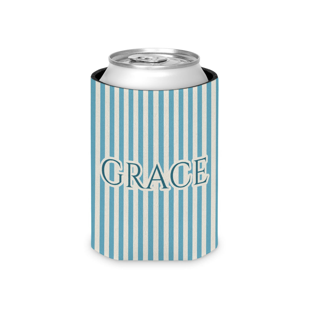 Custom Name Pinstripe Can Cooler, Regular, Lagoon Blue pinstripes with the name in Deep Lagoon
