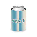 Custom Name Pinstripe Can Cooler, Regular, Lagoon Blue pinstripes with the name in Deep Lagoon