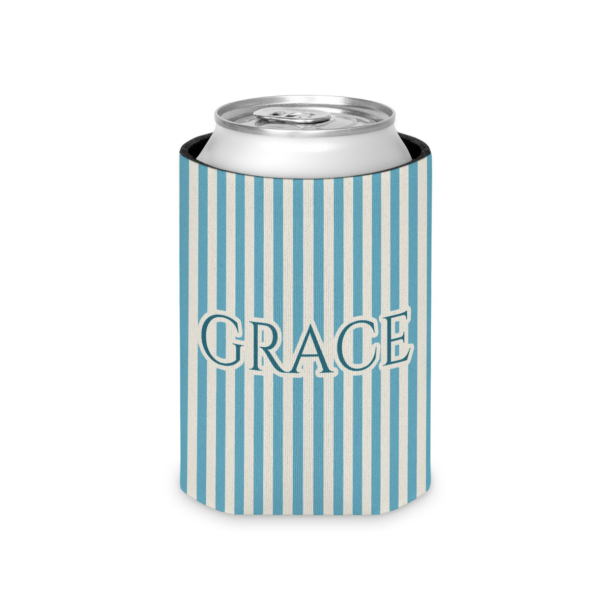 Custom Name Pinstripe Can Cooler, Regular, Lagoon Blue pinstripes with the name in Deep Lagoon