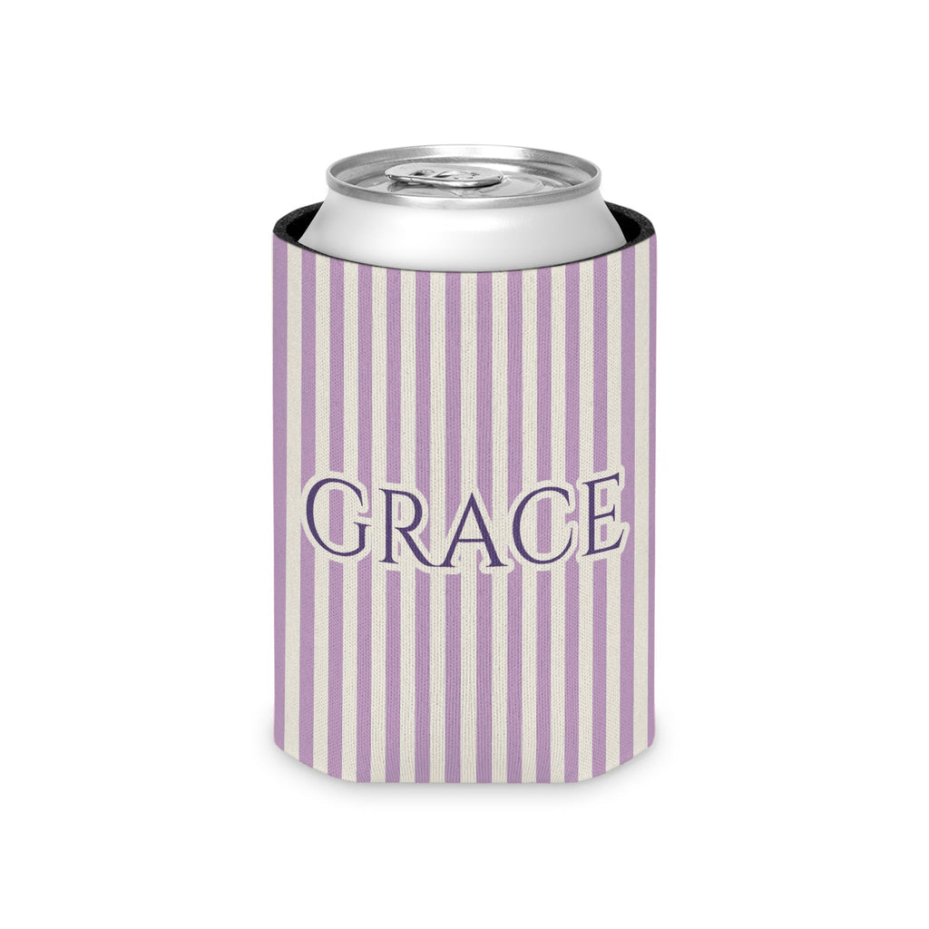 Custom Name Pinstripe Can Cooler, Regular, Orchid pinstripes with the name in Grape