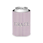 Custom Name Pinstripe Can Cooler, Regular, Orchid pinstripes with the name in Grape