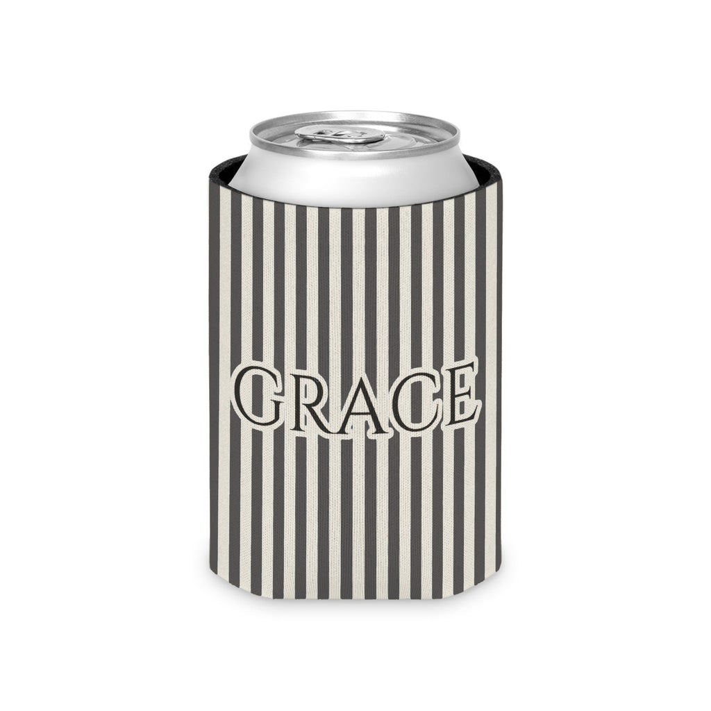 Custom Name Pinstripe Can Cooler, Regular, Pepper pinstripes with the name in Deep Charcoal