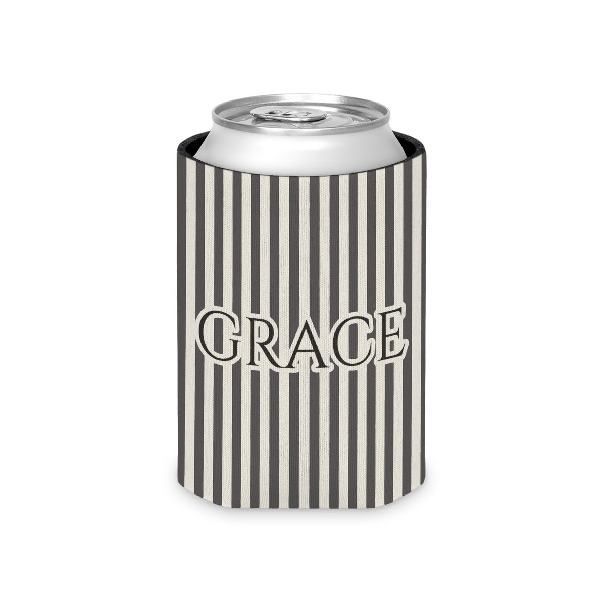 Custom Name Pinstripe Can Cooler, Regular, Pepper pinstripes with the name in Deep Charcoal