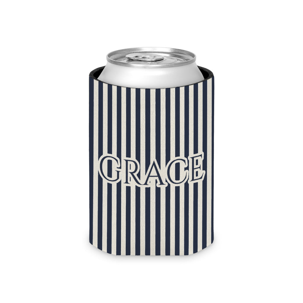 Custom Name Pinstripe Can Cooler, Regular, True Navy pinstripes with the name in True Navy
