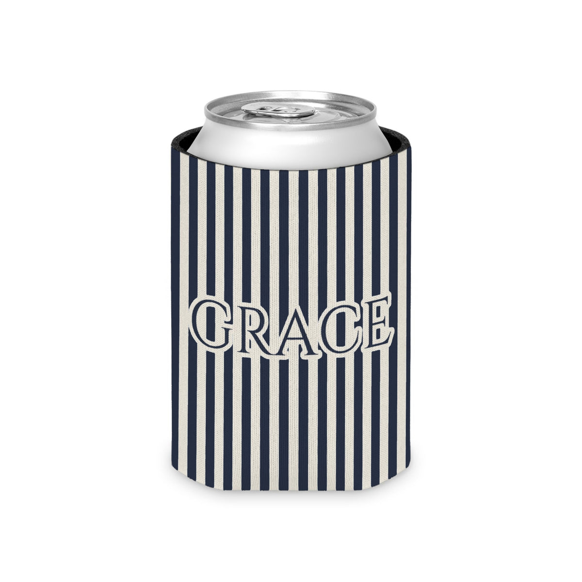 Custom Name Pinstripe Can Cooler, Regular, True Navy pinstripes with the name in True Navy
