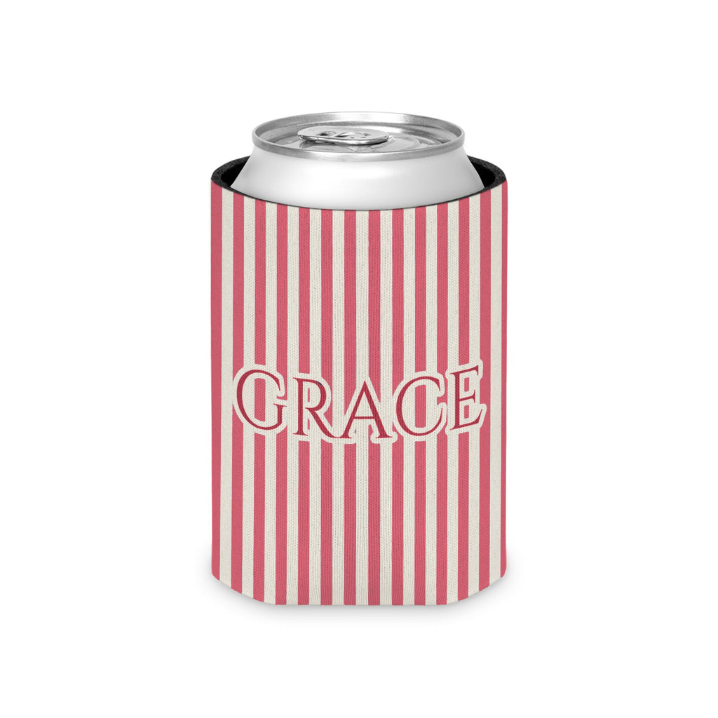 Custom Name Pinstripe Can Cooler, Regular, Watermelon pinstripes with the name in Deep Watermelon