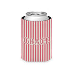 Custom Name Pinstripe Can Cooler, Regular, Watermelon pinstripes with the name in Deep Watermelon