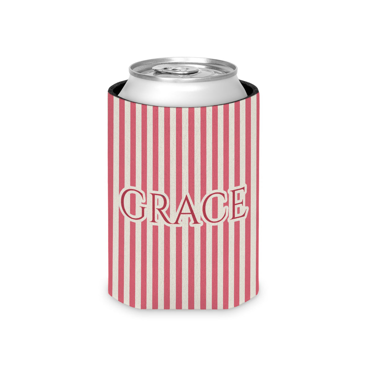 Custom Name Pinstripe Can Cooler, Regular, Watermelon pinstripes with the name in Deep Watermelon