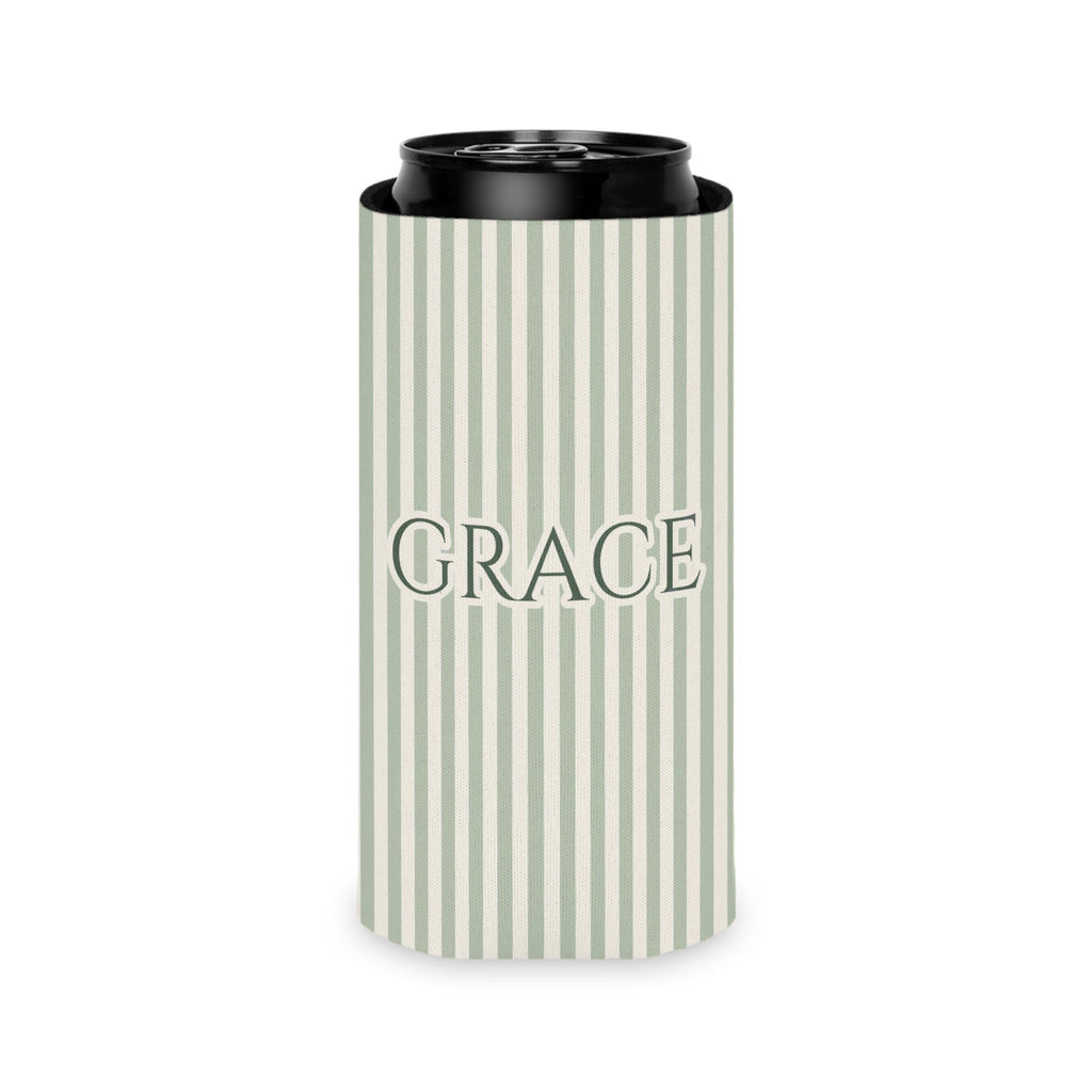 Custom Name Pinstripe Can Cooler, Slim, Bay pinstripes with the name in Deep Sage