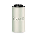 Custom Name Pinstripe Can Cooler, Slim, Bay pinstripes with the name in Deep Sage