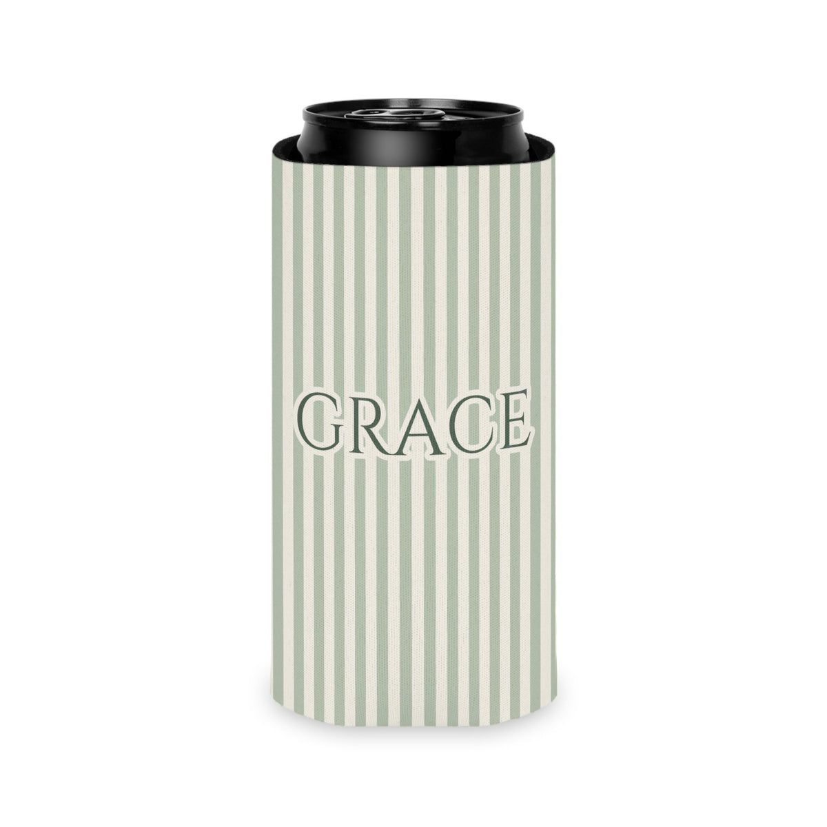 Custom Name Pinstripe Can Cooler, Slim, Bay pinstripes with the name in Deep Sage