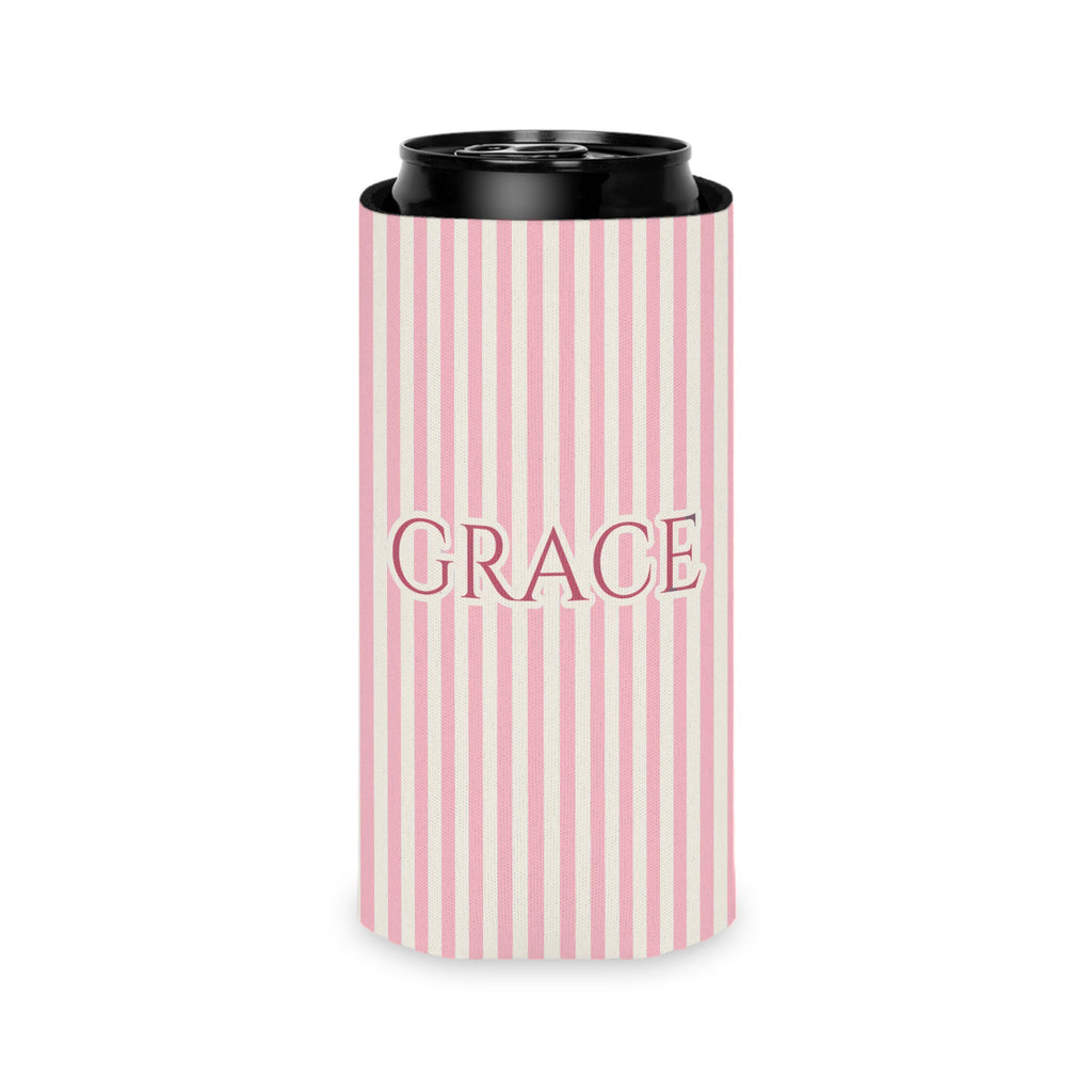 Custom Name Pinstripe Can Cooler, Slim, Blossom pinstripes with the name in Deep Rose