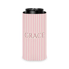 Custom Name Pinstripe Can Cooler, Slim, Blossom pinstripes with the name in Deep Rose