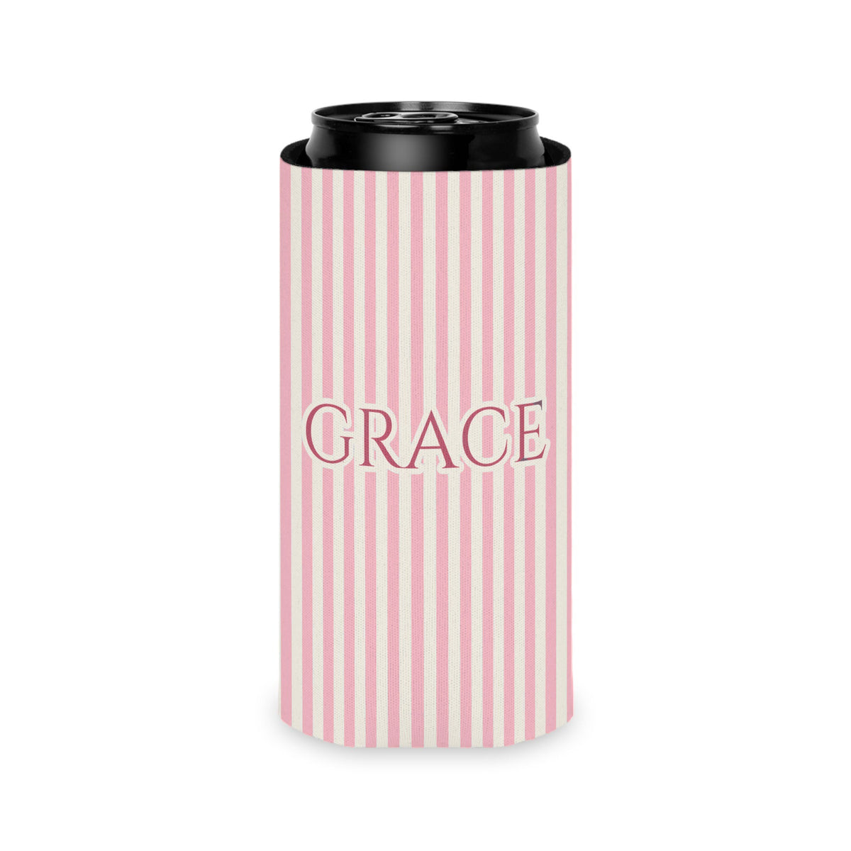Custom Name Pinstripe Can Cooler, Slim, Blossom pinstripes with the name in Deep Rose