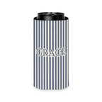 Custom Name Pinstripe Can Cooler, Slim, Blue Jean pinstripes with the name in Deep Blue Jean