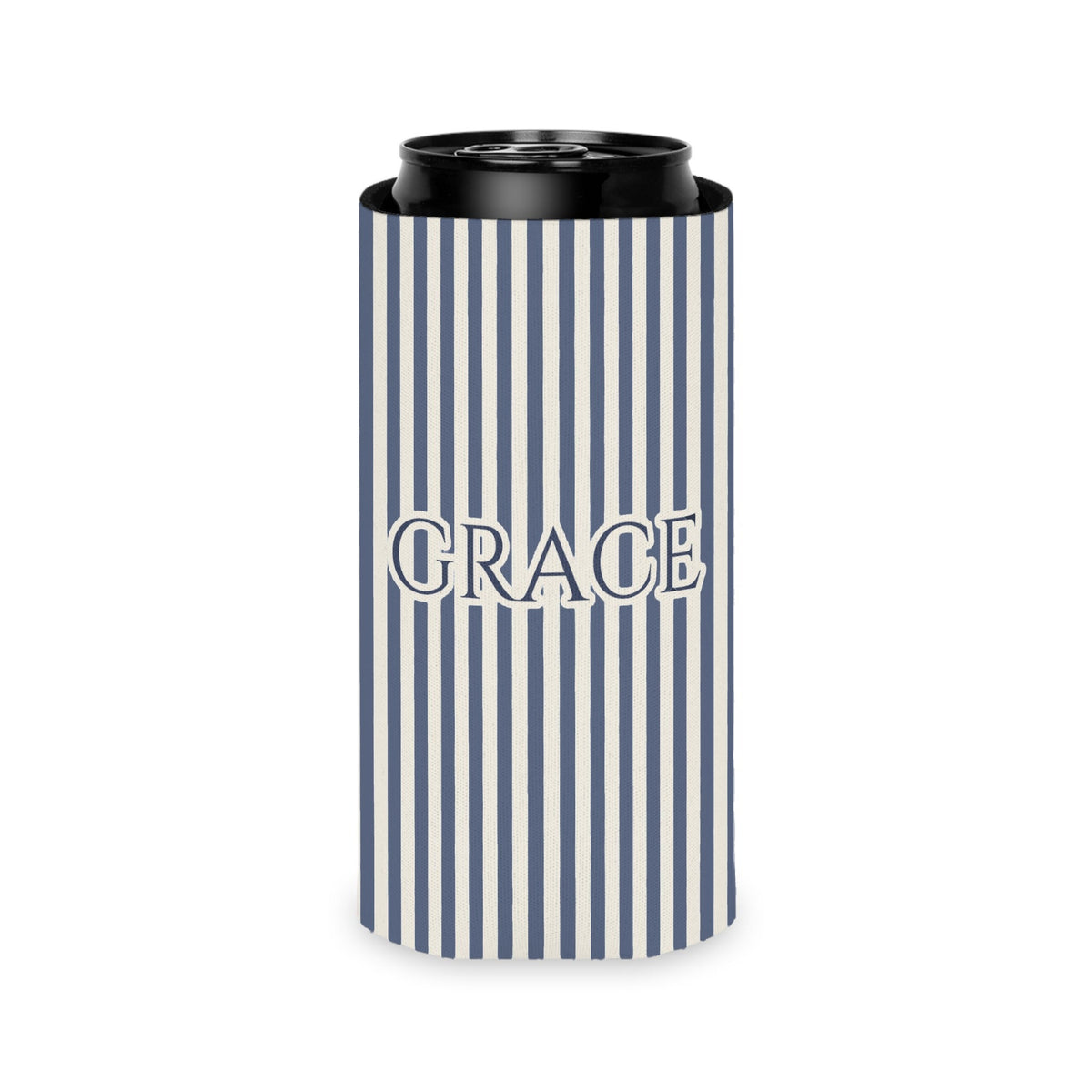 Custom Name Pinstripe Can Cooler, Slim, Blue Jean pinstripes with the name in Deep Blue Jean