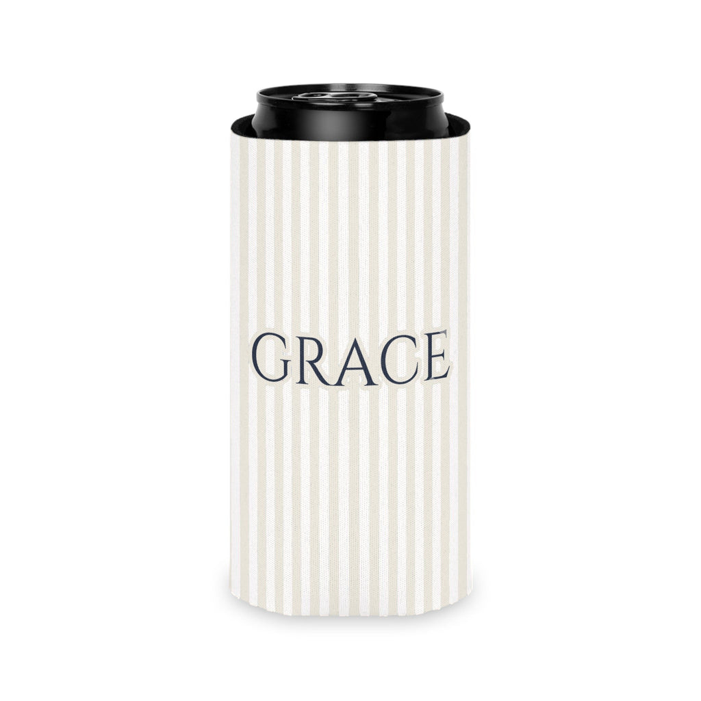 Custom Name Pinstripe Can Cooler, Slim, Bride: white pinstripes with the name in True Navy