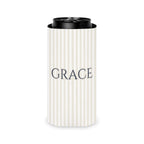 Custom Name Pinstripe Can Cooler, Slim, Bride: white pinstripes with the name in True Navy