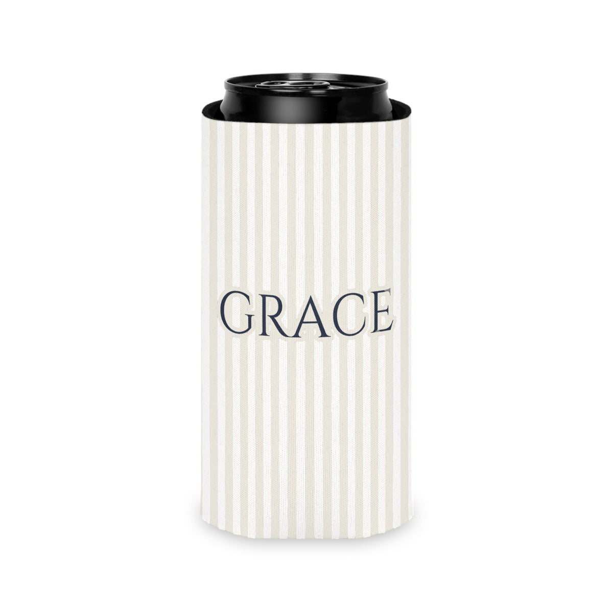 Custom Name Pinstripe Can Cooler, Slim, Bride: white pinstripes with the name in True Navy