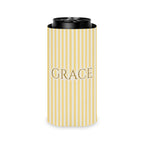 Custom Name Pinstripe Can Cooler, Slim, Butter pinstripes with the name in Deep Gold