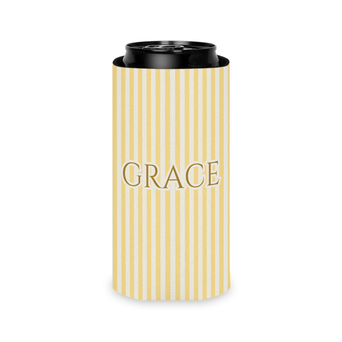 Custom Name Pinstripe Can Cooler, Slim, Butter pinstripes with the name in Deep Gold