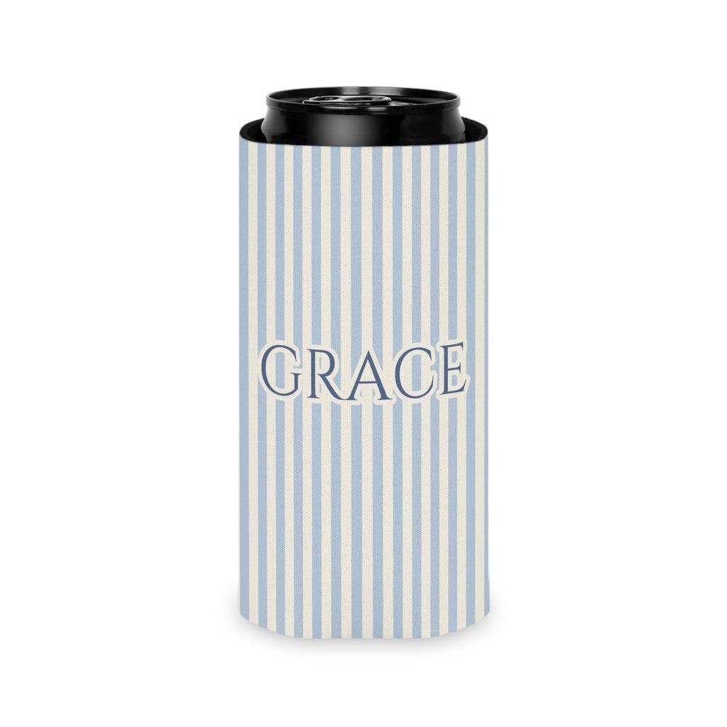 Custom Name Pinstripe Can Cooler, Slim, Chambray pinstripes with the name in Deep Chambray