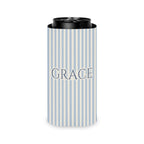 Custom Name Pinstripe Can Cooler, Slim, Chambray pinstripes with the name in Deep Chambray