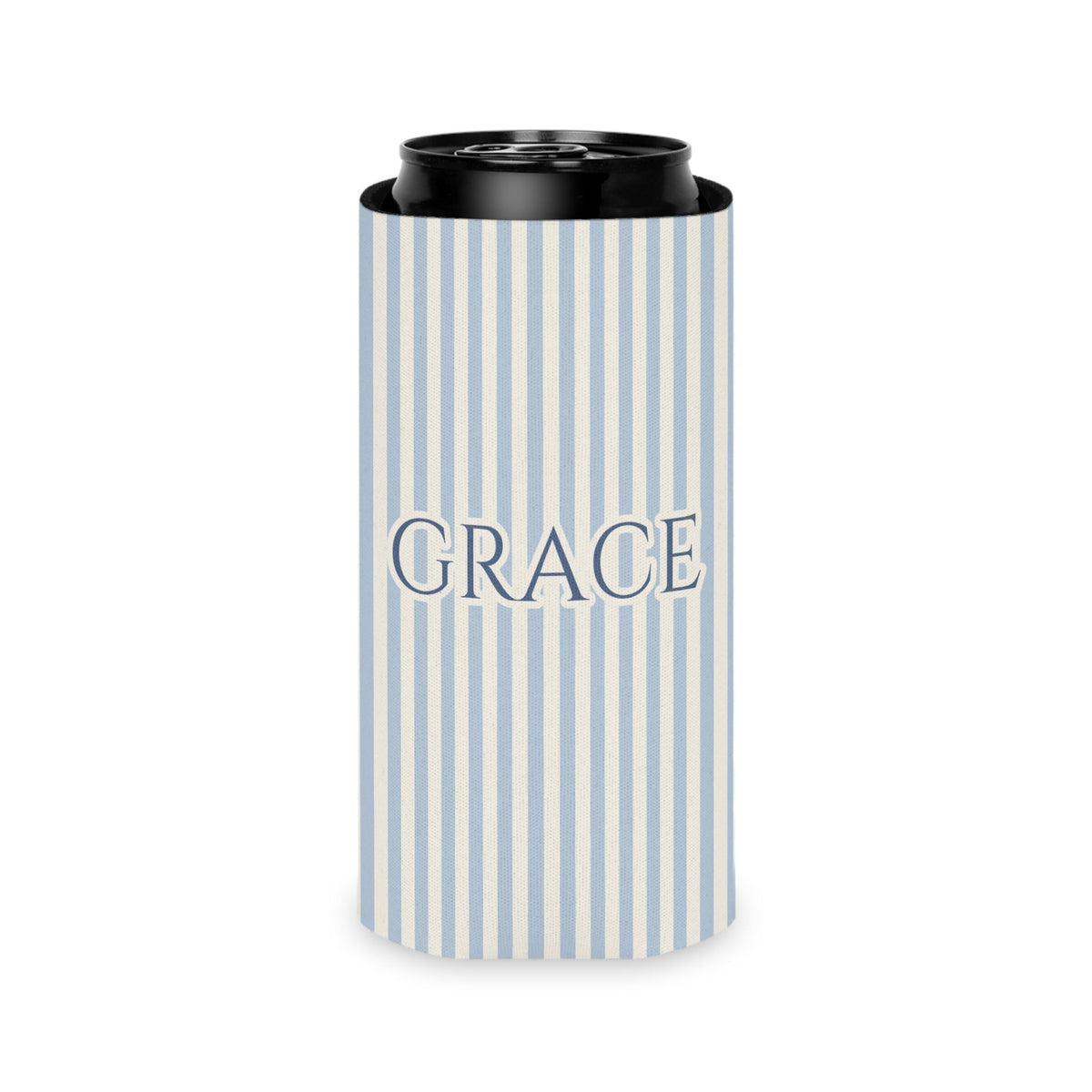 Custom Name Pinstripe Can Cooler, Slim, Chambray pinstripes with the name in Deep Chambray
