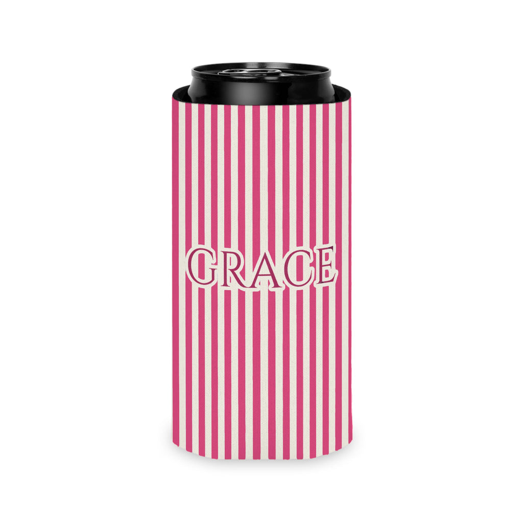 Custom Name Pinstripe Can Cooler, Slim, Crunchberry pinstripes with the name in Deep Berry Pink