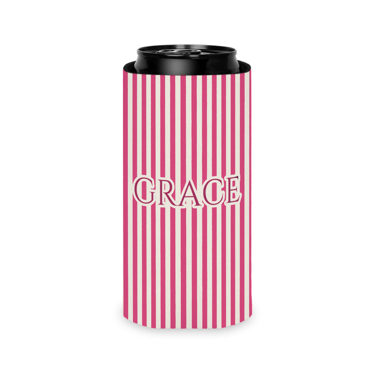 Custom Name Pinstripe Can Cooler, Slim, Crunchberry pinstripes with the name in Deep Berry Pink