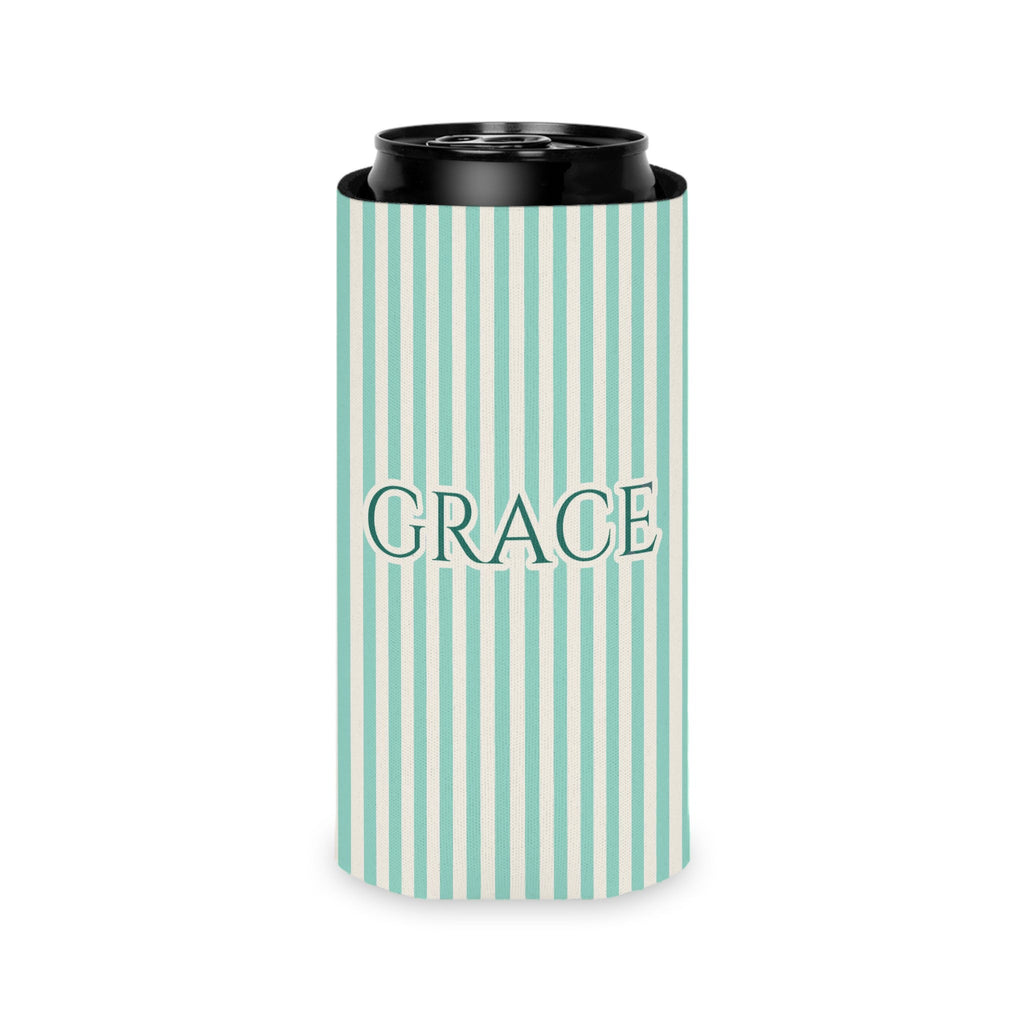 Custom Name Pinstripe Can Cooler, Slim, Island Reef pinstripes with the name in Deep Teal