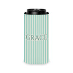 Custom Name Pinstripe Can Cooler, Slim, Island Reef pinstripes with the name in Deep Teal