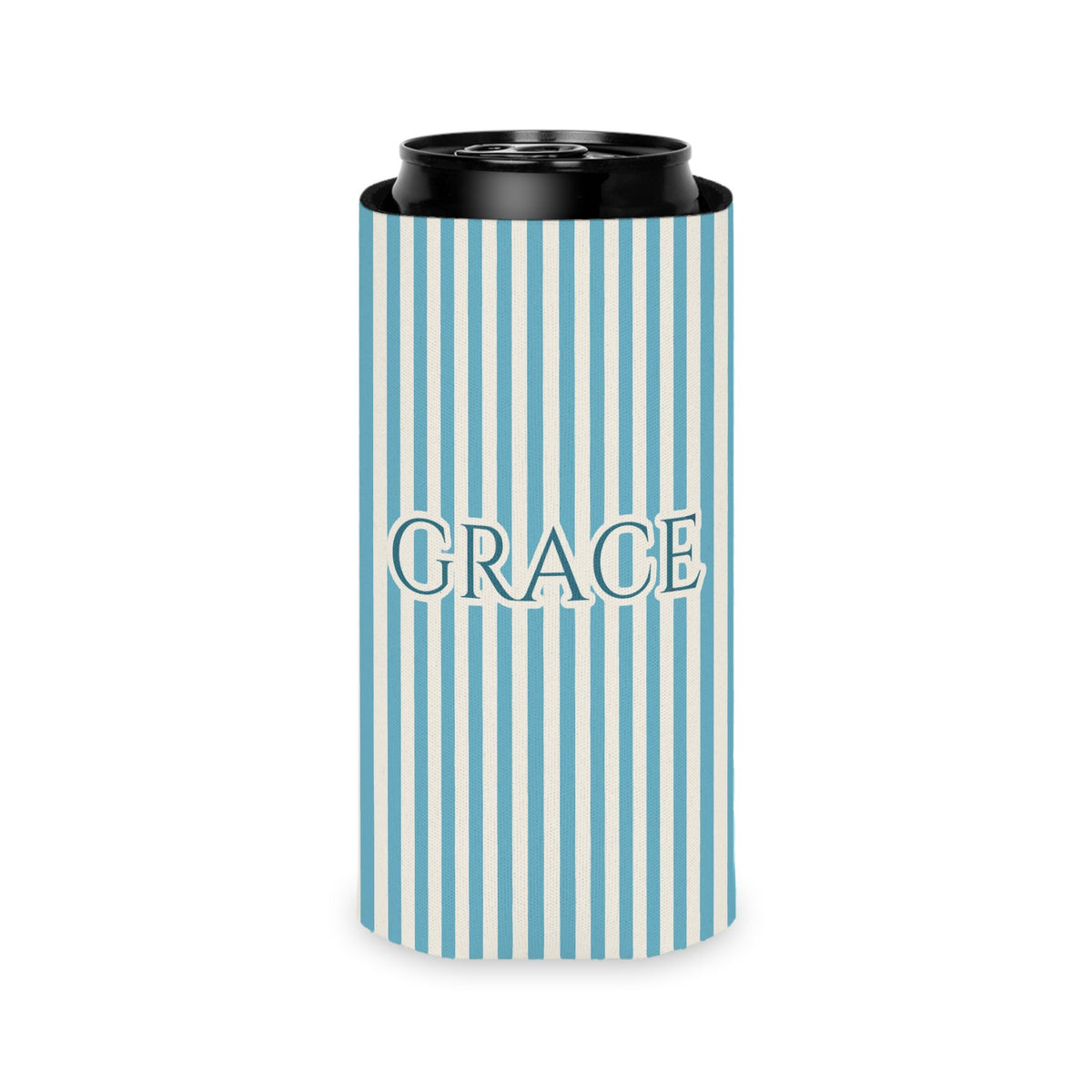 Custom Name Pinstripe Can Cooler, Slim, Lagoon Blue pinstripes with the name in Deep Lagoon