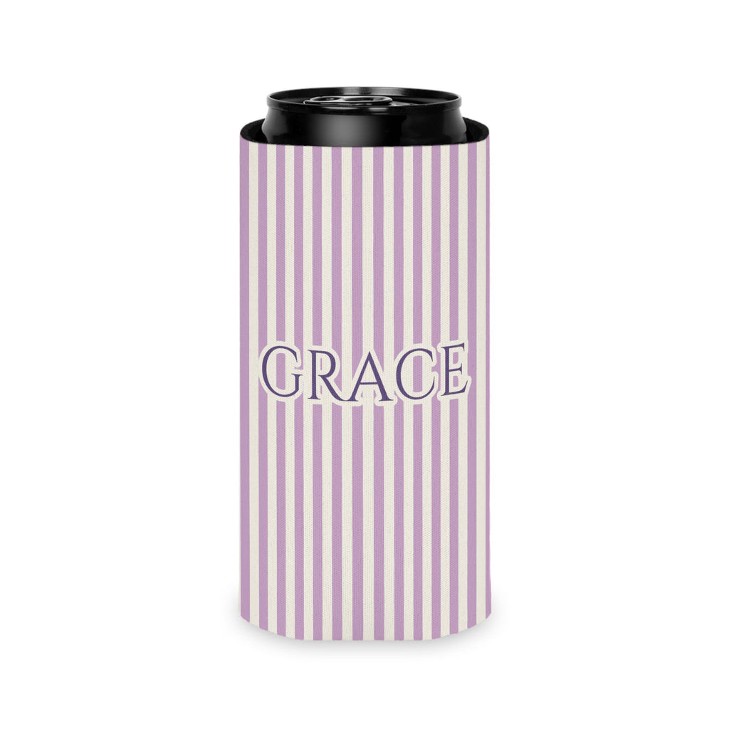 Custom Name Pinstripe Can Cooler, Slim, Orchid pinstripes with the name in Grape