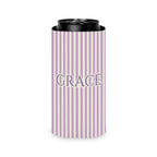 Custom Name Pinstripe Can Cooler, Slim, Orchid pinstripes with the name in Grape