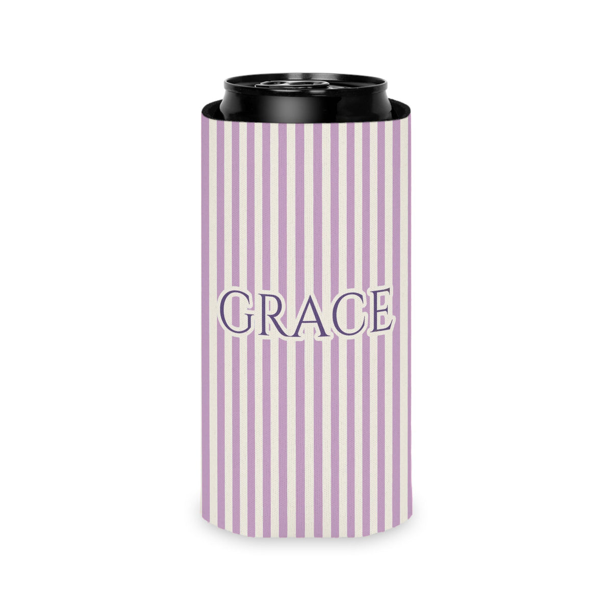 Custom Name Pinstripe Can Cooler, Slim, Orchid pinstripes with the name in Grape