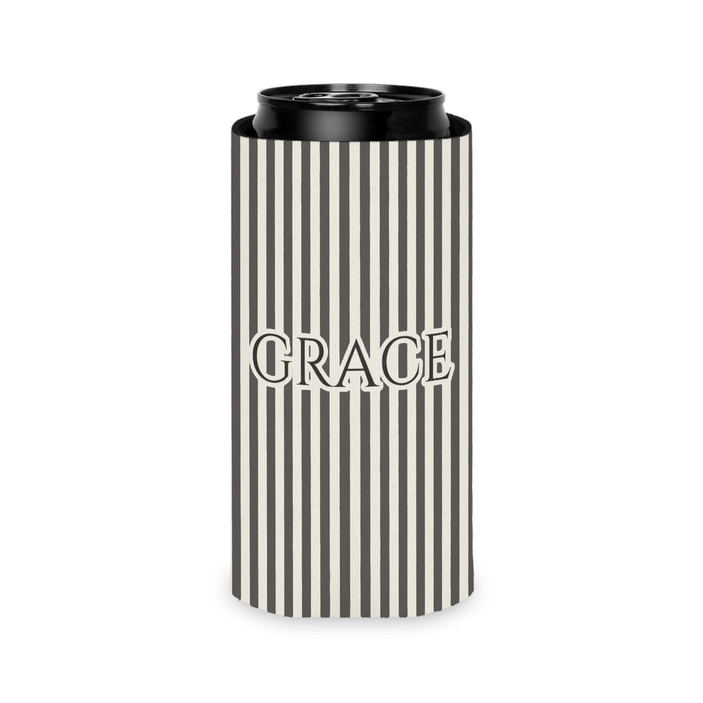 Custom Name Pinstripe Can Cooler, Slim, Pepper pinstripes with the name in Deep Charcoal