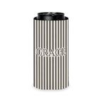 Custom Name Pinstripe Can Cooler, Slim, Pepper pinstripes with the name in Deep Charcoal