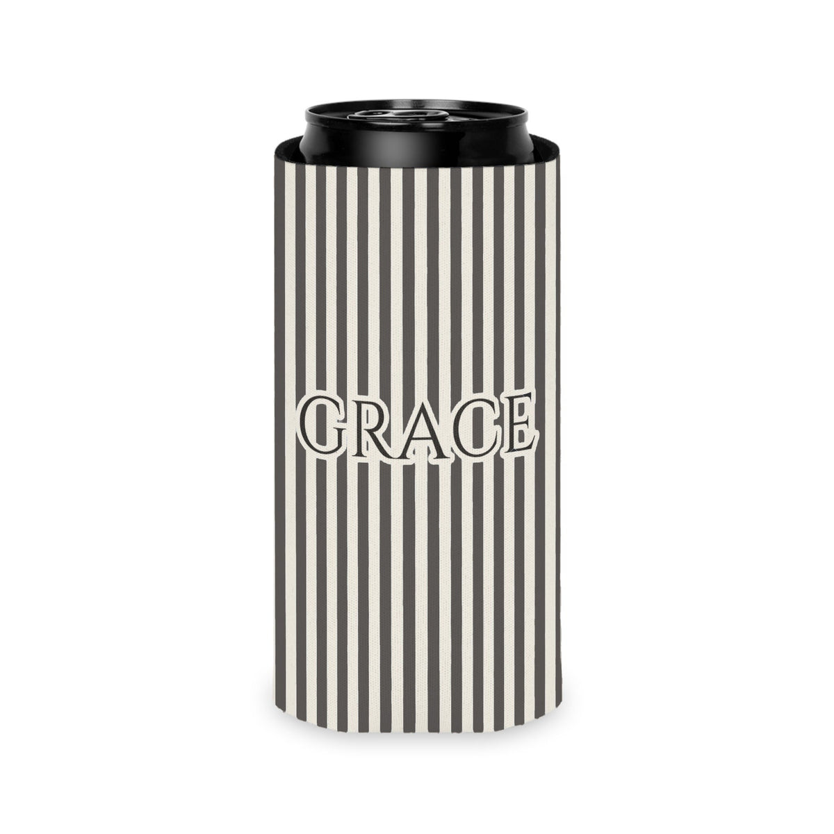 Custom Name Pinstripe Can Cooler, Slim, Pepper pinstripes with the name in Deep Charcoal