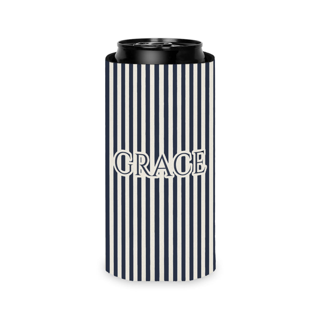 Custom Name Pinstripe Can Cooler, Slim, True Navy pinstripes with the name in True Navy