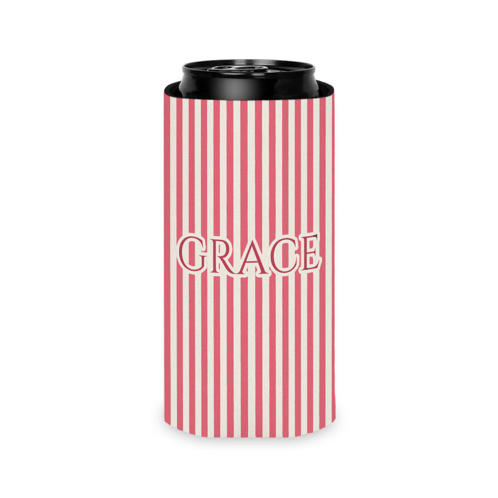 Custom Name Pinstripe Can Cooler, Slim, Watermelon pinstripes with the name in Deep Watermelon