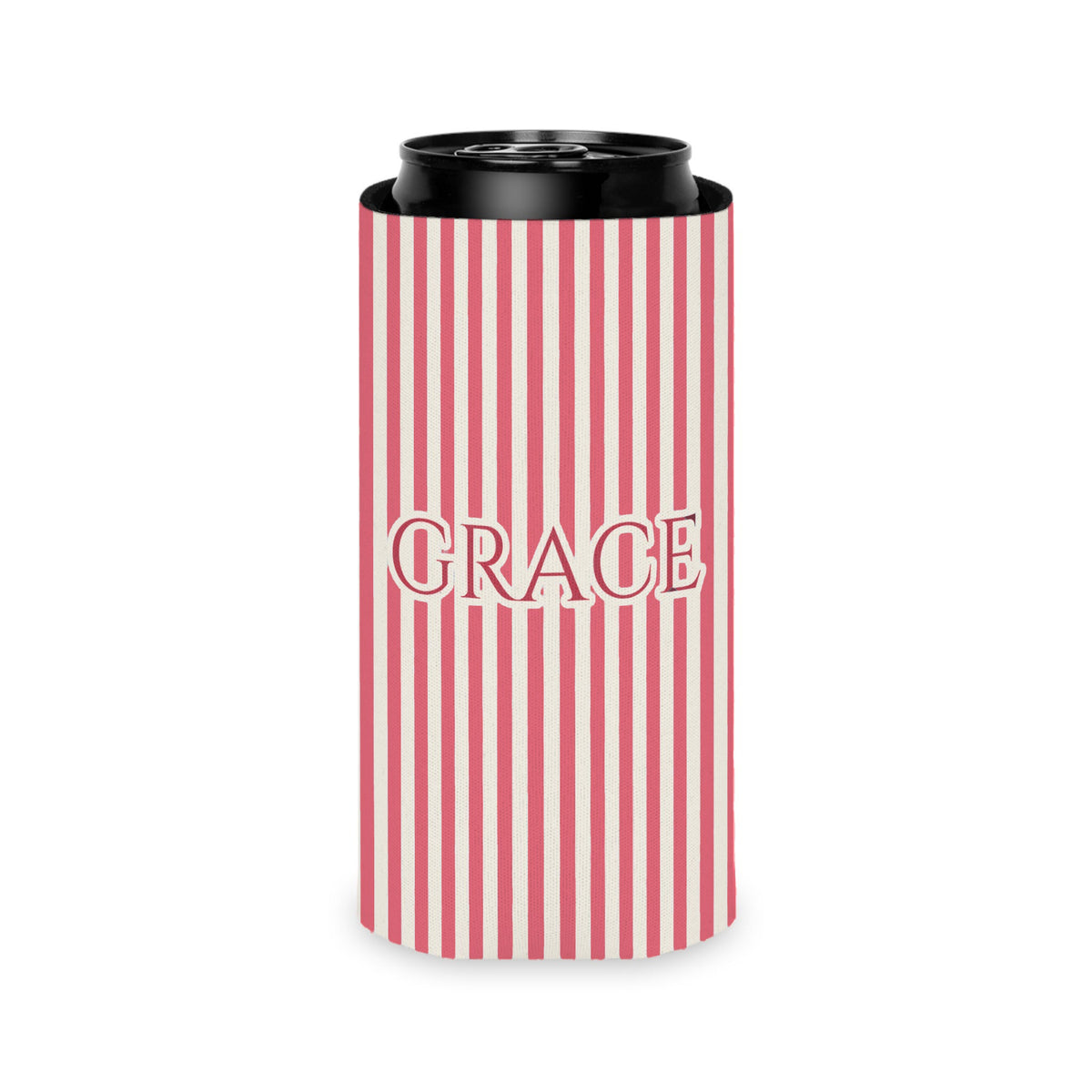 Custom Name Pinstripe Can Cooler, Slim, Watermelon pinstripes with the name in Deep Watermelon