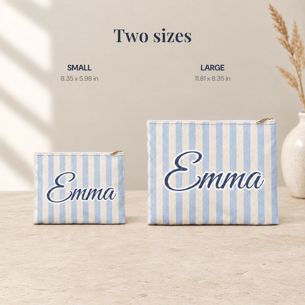 Small and Large Last Toast On The Coast name pouches side by side with their sizes